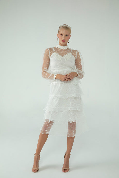 NEEDLEWORK DETAILED DRESS WITH A LAYERED SKIRT - Barrus London
